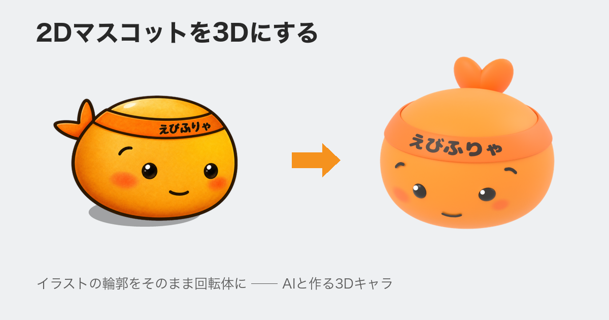 平面イラストのマスコットと、3D化したレンダリングの対比
