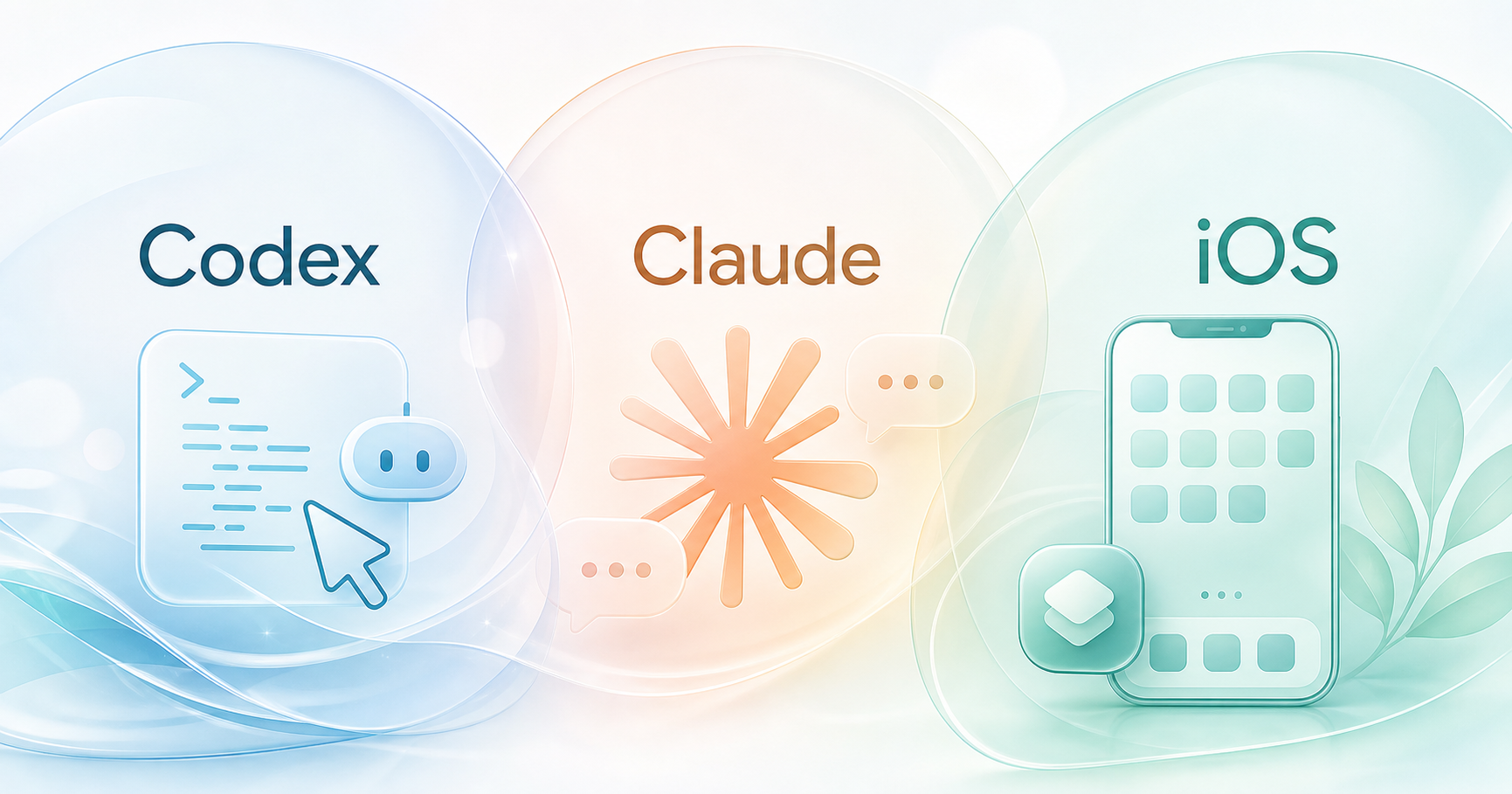 Codex、Claude、iOSアプリ開発の3つが淡く重なり合う抽象的なアイキャッチ画像