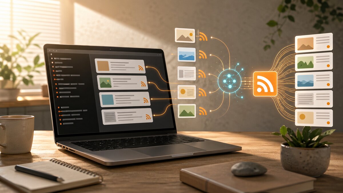 RSSフィードとAIの整理ノードがニュースカードをつなぐデスク上のノートPC