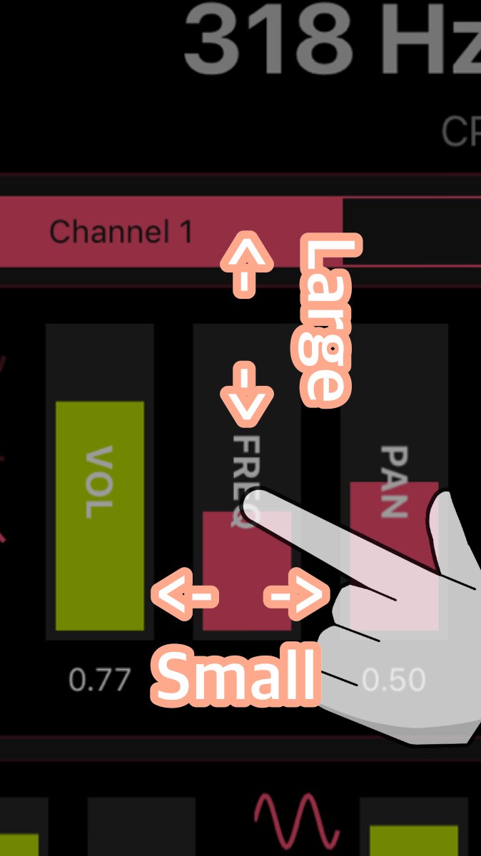 周波数、パン、LPF、AM/FMなどのパラメーターを調整する波動 Hysteric Oscillator の画面