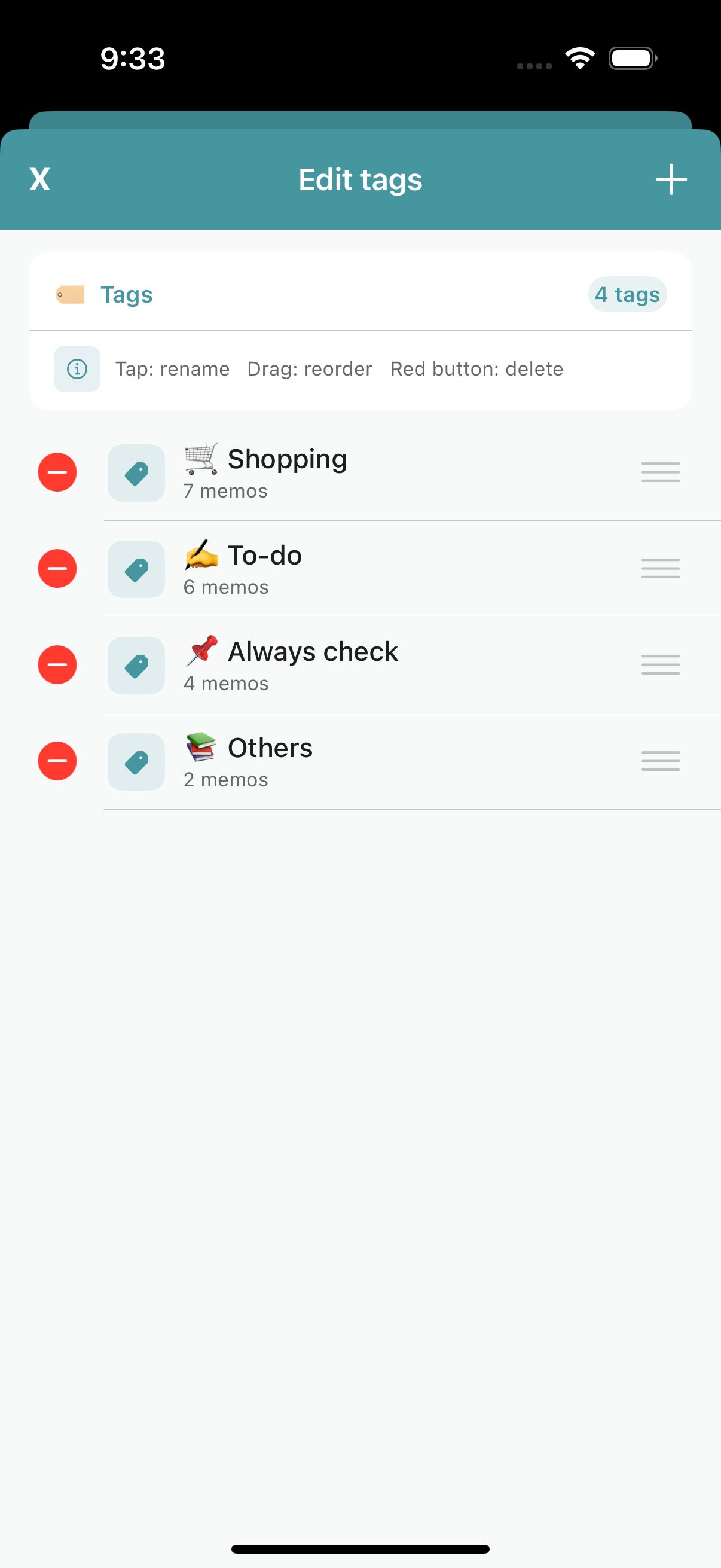 Tag editing screen showing the tag list with add and delete buttons.