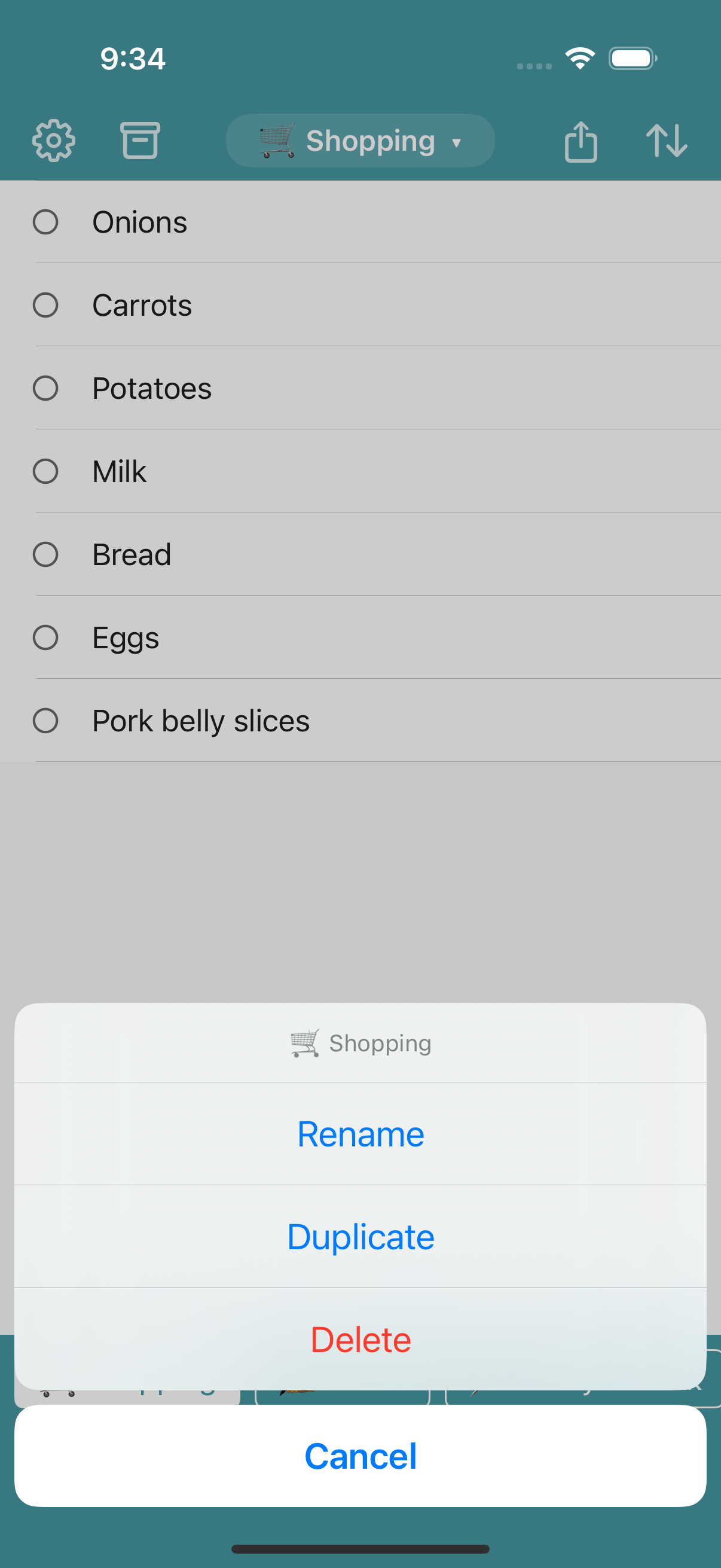 Action sheet that appears after long-pressing a tag, showing Edit, Duplicate, and Delete options.