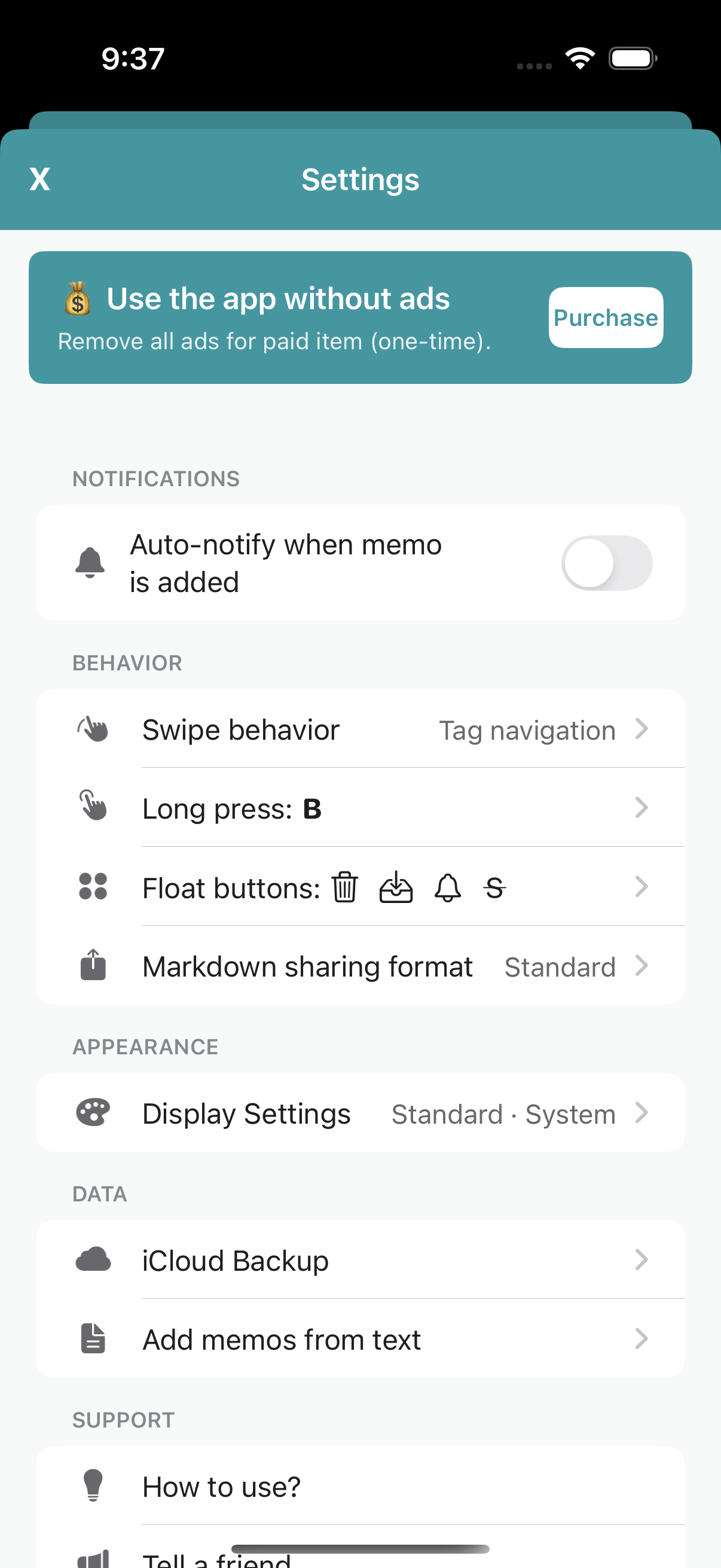 Settings screen showing notification and other settings sections.
