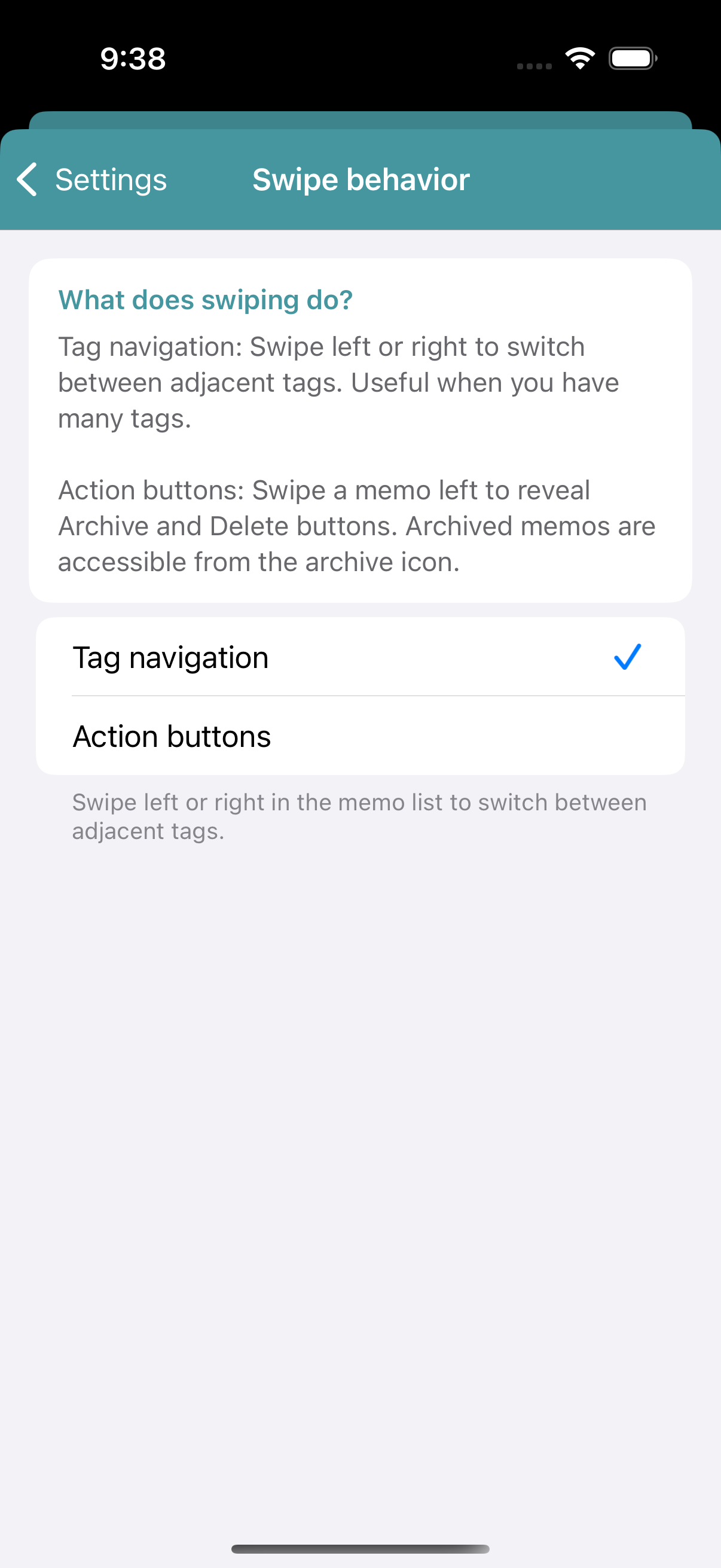 Settings screen showing the Horizontal Swipe mode options.