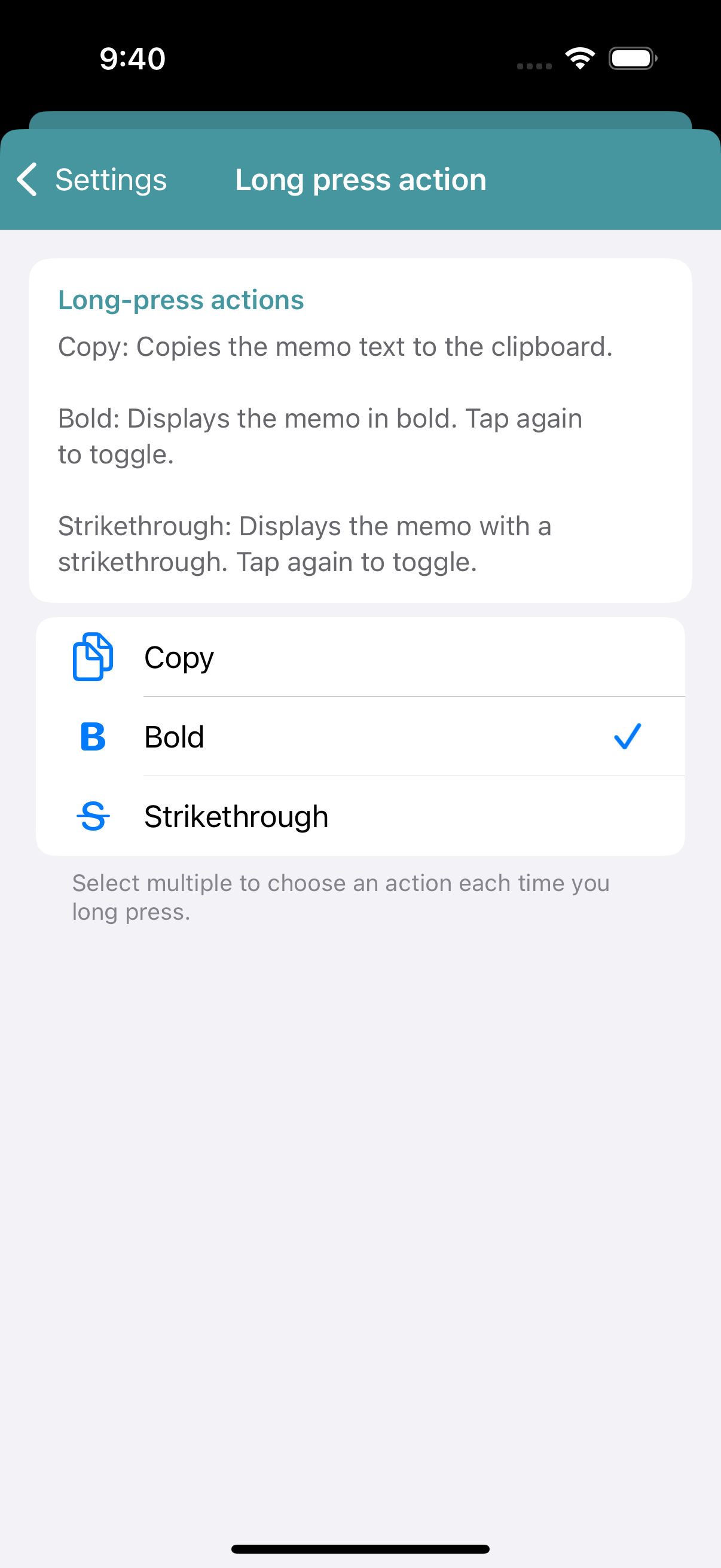 Settings screen showing the long-press action options: Copy, Bold, and Strikethrough.