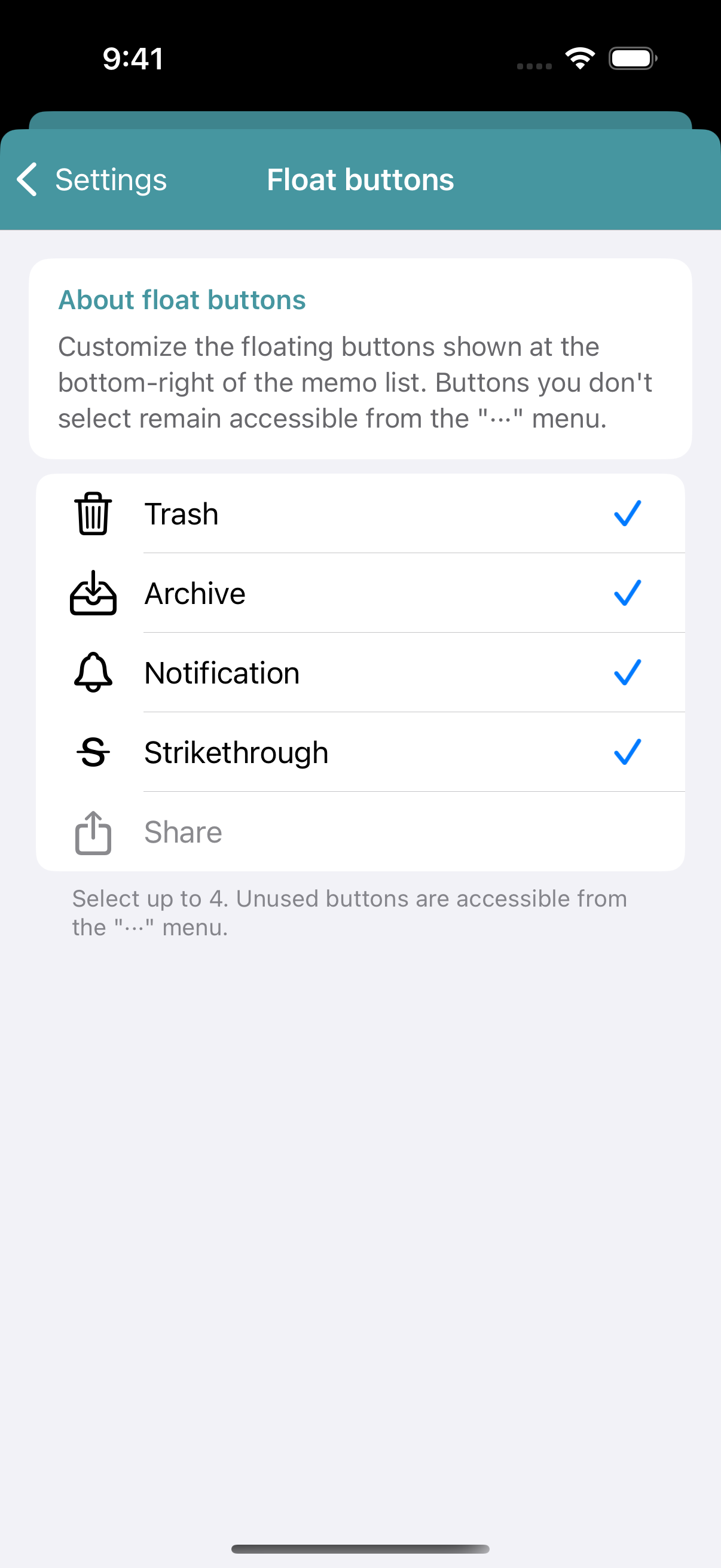 Settings screen showing float button customization options.