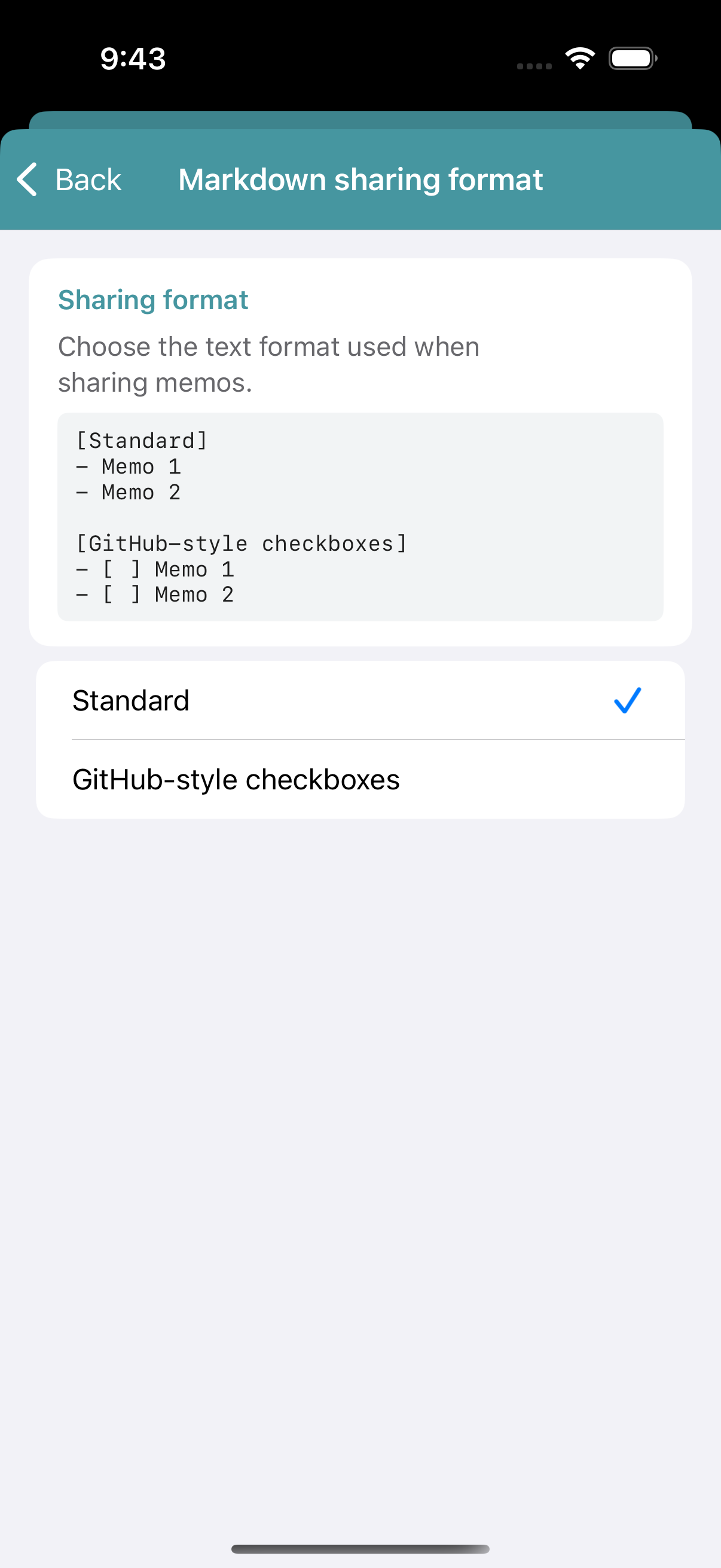 Settings screen showing Markdown share format options: Standard and Checkbox.