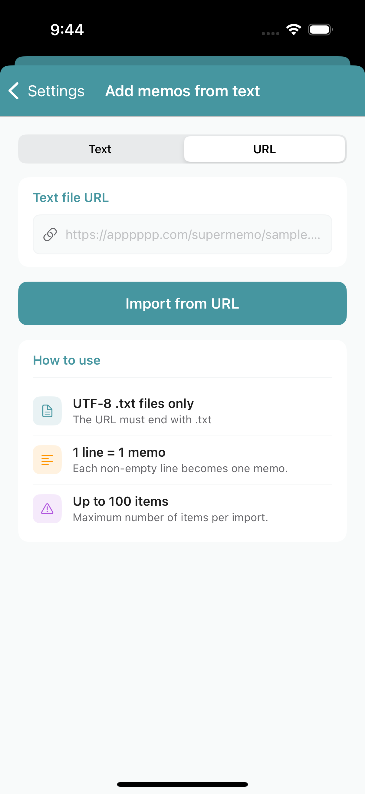 URL import screen with a URL input field and an import button.