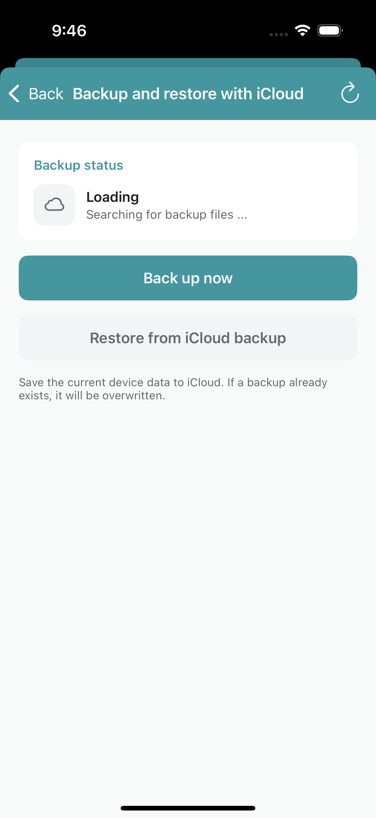 iCloud backup screen showing Backup and Restore buttons.