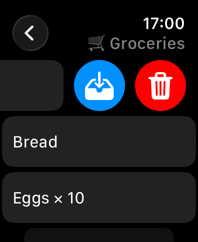 Apple Watch showing archive and delete buttons after swiping a note left.
