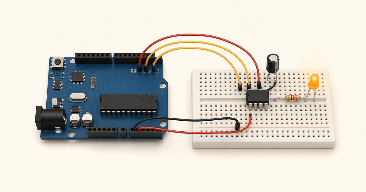 Arduino UnoからATtiny85へ書き込む配線イメージ