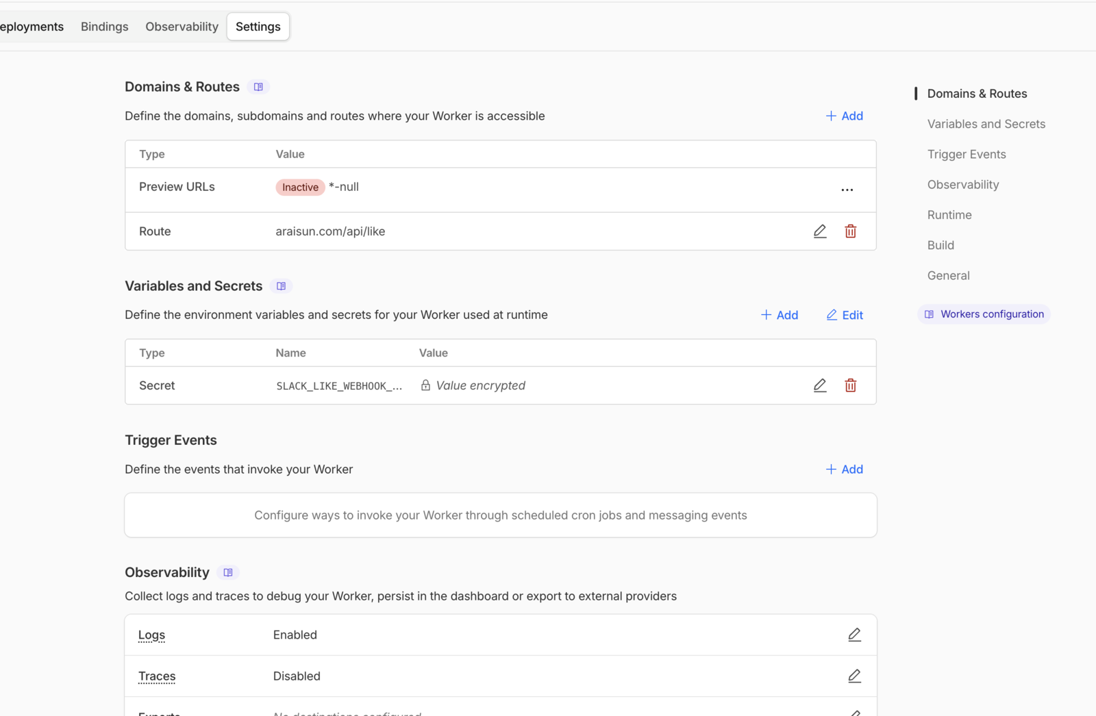 Cloudflare Worker の Settings で Route と Secret を確認した画面