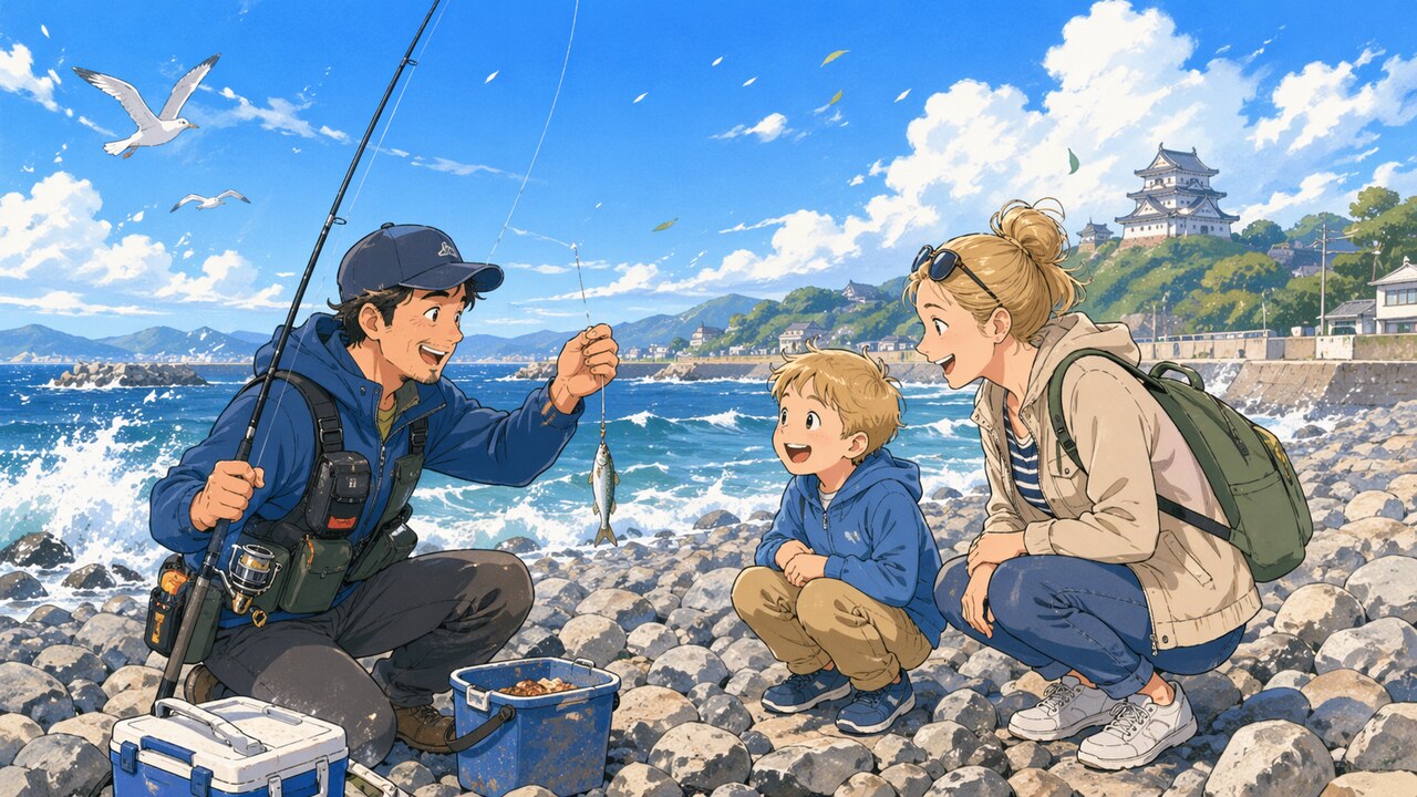 御幸の浜で釣り人が外国人観光客の親子に小さな魚を見せながら会話しているイメージ