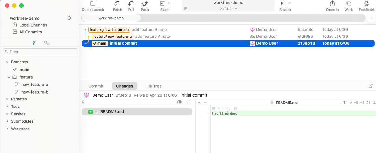 Forkでfeature/new-feature-aとfeature/new-feature-bがmainから分岐している画面