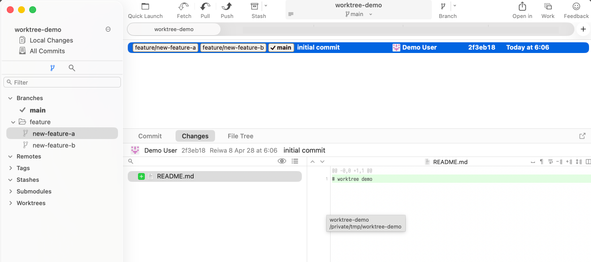 Forkでmain、feature/new-feature-a、feature/new-feature-bが同じ初期コミットを指している画面