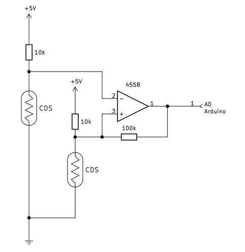 オペアンプの作動入力を使って光源を判定させる回路図