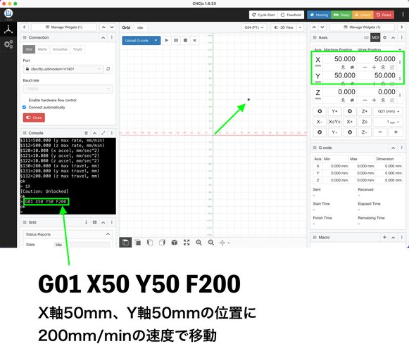 G01 X50 Y50 F200の実行