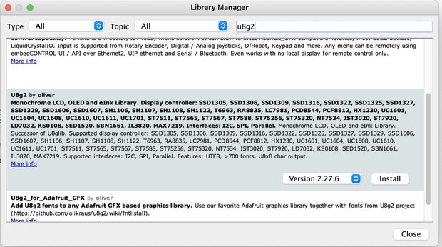 Arduino IDE ライブラリマネージャを開いてu8g2で検索する