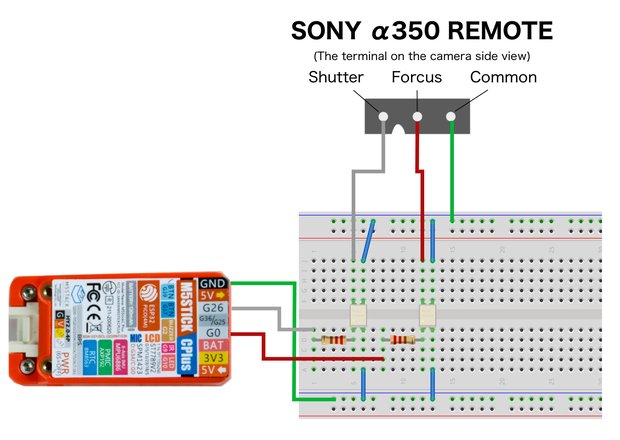 M5StickC PLUSとa350のREMOTE端子の配線図