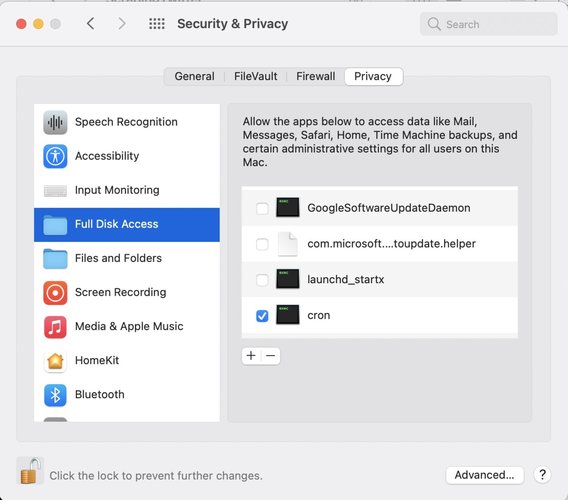 Full Disk Access」に「cron」を追加