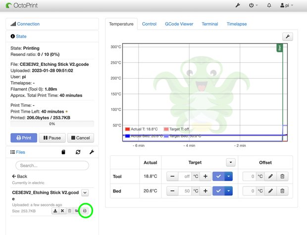 OctoPrintで印刷開始