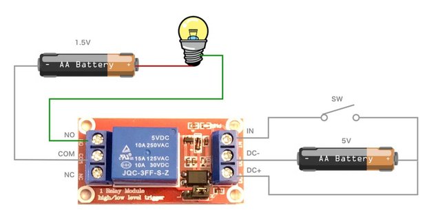 豆電球とリレーモジュールの配線図