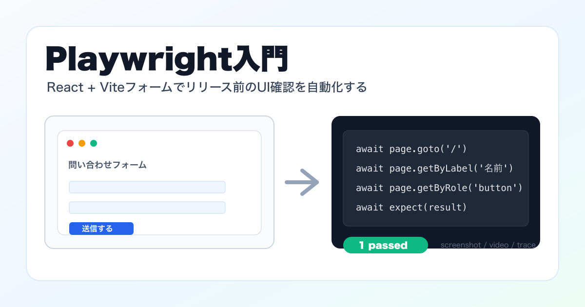 PlaywrightでReact + ViteフォームのUI確認を自動化するイメージ