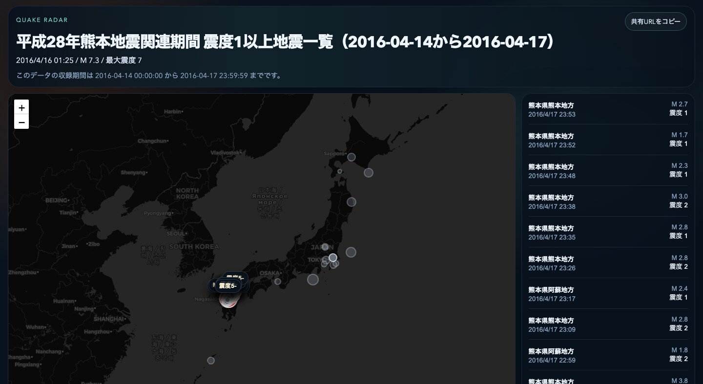 熊本地震の地震データを表示した画面