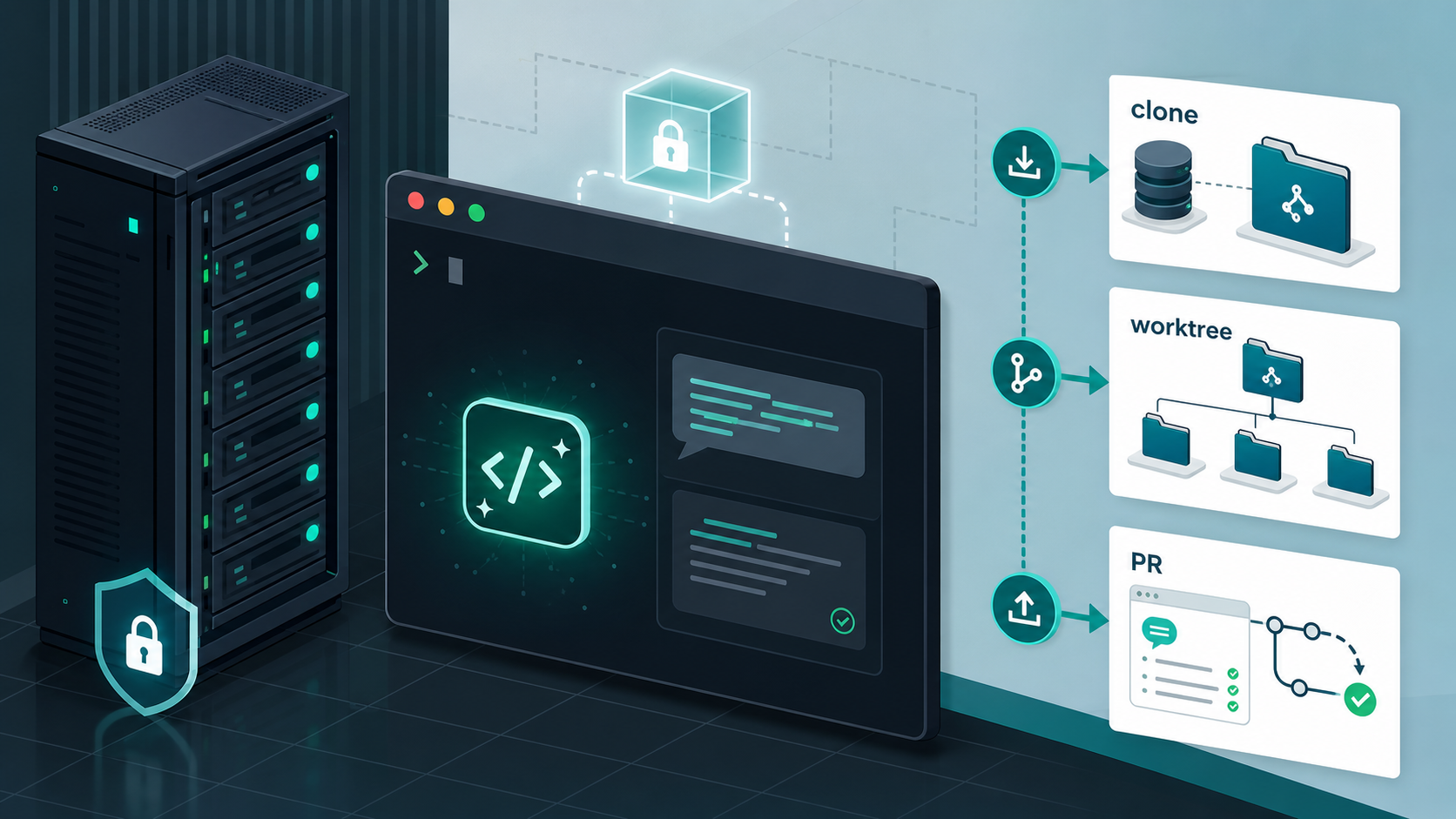 サーバー上のcloneリポジトリでCodexが安全な作業ブランチを動かしているイメージ