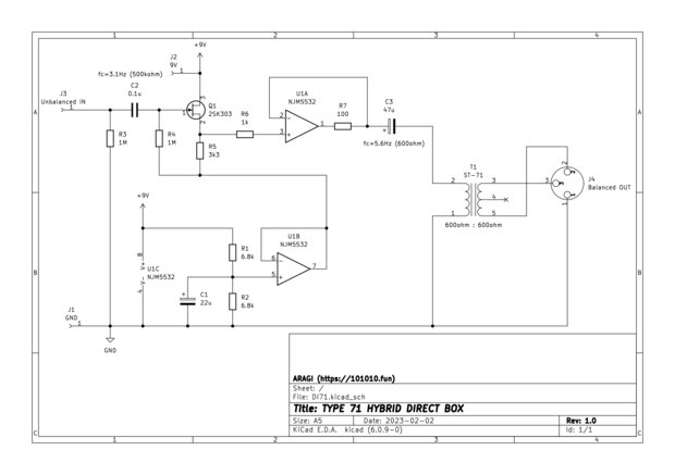 FET、オペアンプ、トランスを使ったダイレクトボックスの回路図